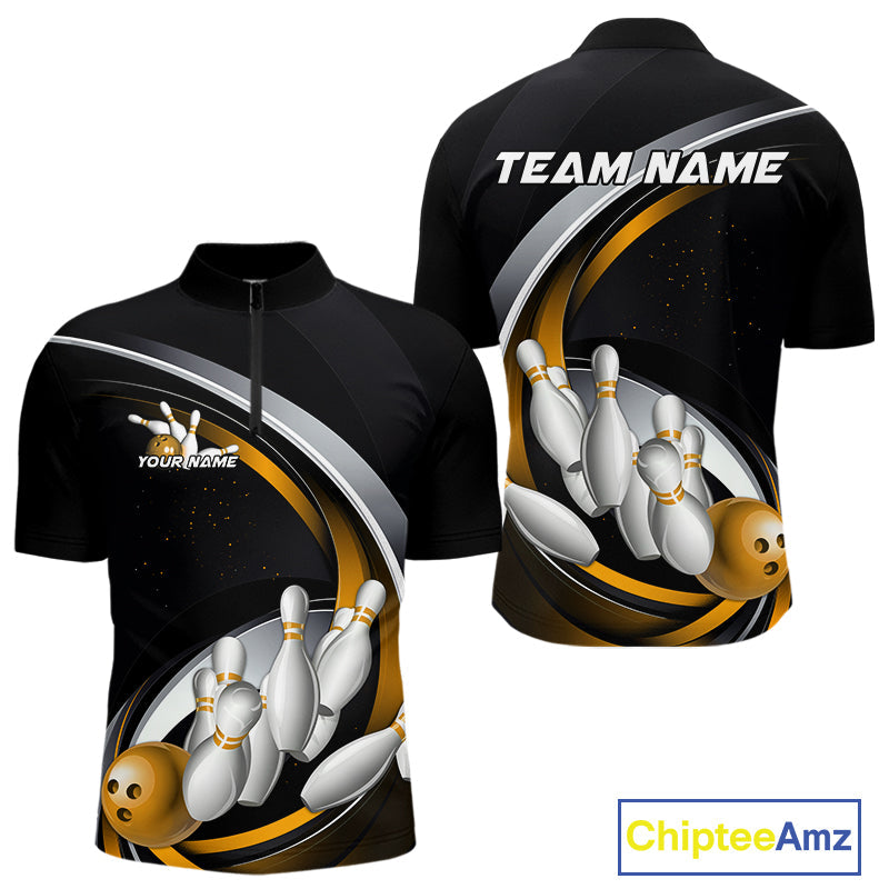 Custom Black Yellow Bowling Team Jerseys, Bowler Uniform Bowling Quarter-Zip Shirts For Men IPHW9278