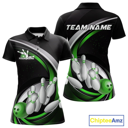 Custom Black Green Bowling Team Jerseys, Bowler Uniform Bowling Polo Shirts For Women IPHW9279