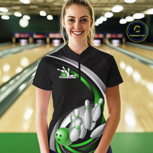 Load image into Gallery viewer, Custom Black Green Bowling Team Jerseys, Bowler Uniform Bowling Women Quarter-Zip Shirts IPHW9279