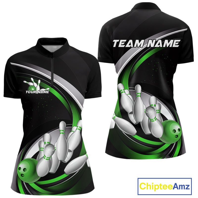 Custom Black Green Bowling Team Jerseys, Bowler Uniform Bowling Women Quarter-Zip Shirts IPHW9279