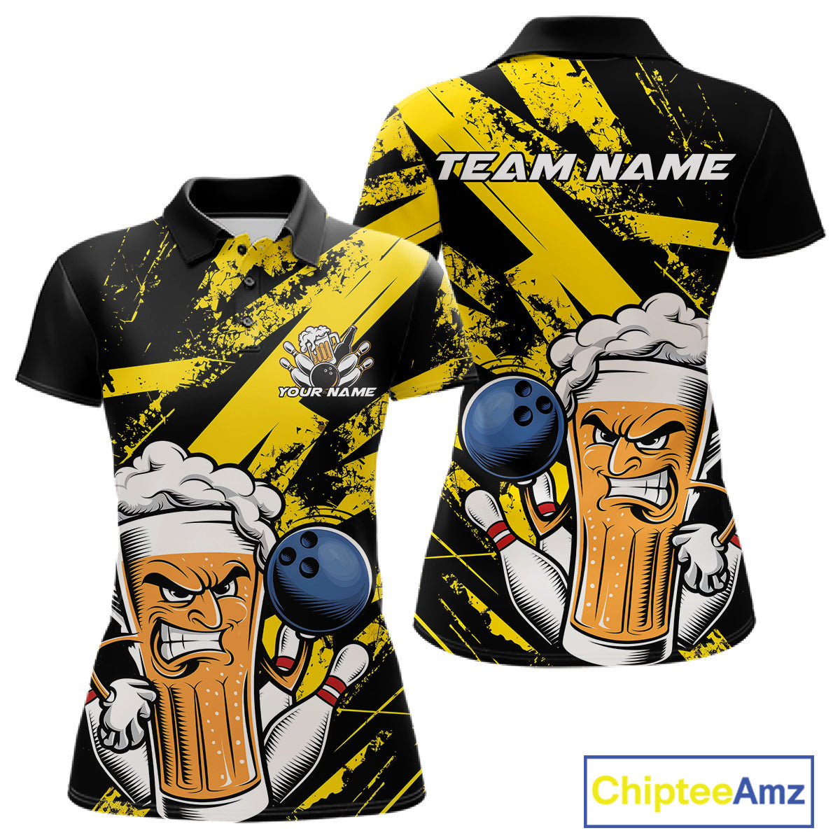 Custom Grunge Yellow Funny Bowling And Beer Polo Shirts For Women, Bowling Team Uniform IPHW9607