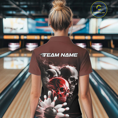 Custom Red Smoke Skull Bowling Polo Shirts For Women, Ghostly Halloween Bowling Outfit IPHW9520