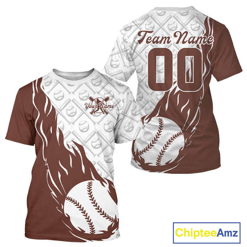 Custom Brown Flame Baseball Team T-Shirts For Men, Baseball Lovers Team Uniform IPHW9592
