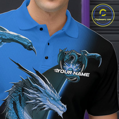 Custom Blue Dragon Flame Bowling Polo Shirts For Men, Bowling Tournament Shirt IPHW9331