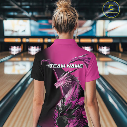 Custom Pink Dragon Flame Bowling Polo Shirts For Women, Bowling Tournament Shirt IPHW9332