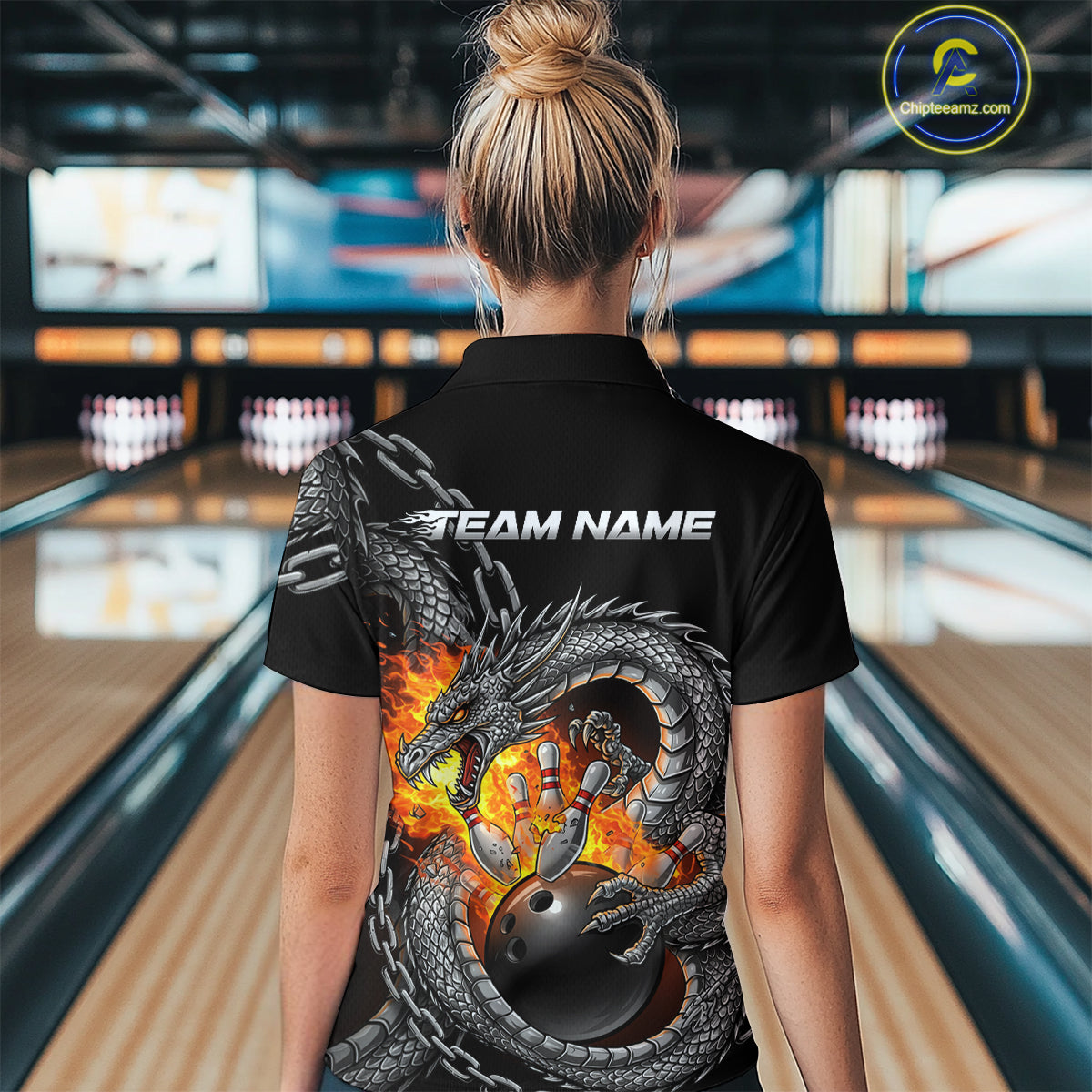 Custom Metal Chain Flame Dragon Bowling Polo Shirts For Women, Bowlin Team Shirt IPHW9097