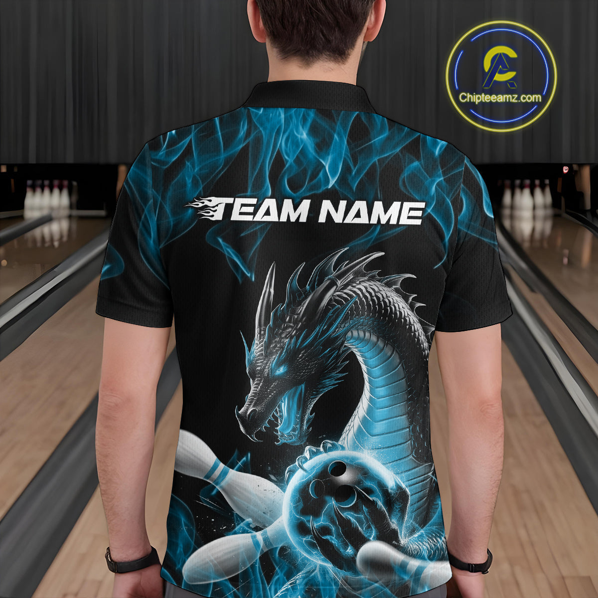 Custom Black And Blue Fire Flame Dragon Bowling Polo Shirt For Men, Dragon Bowling Jersey IPHW9822