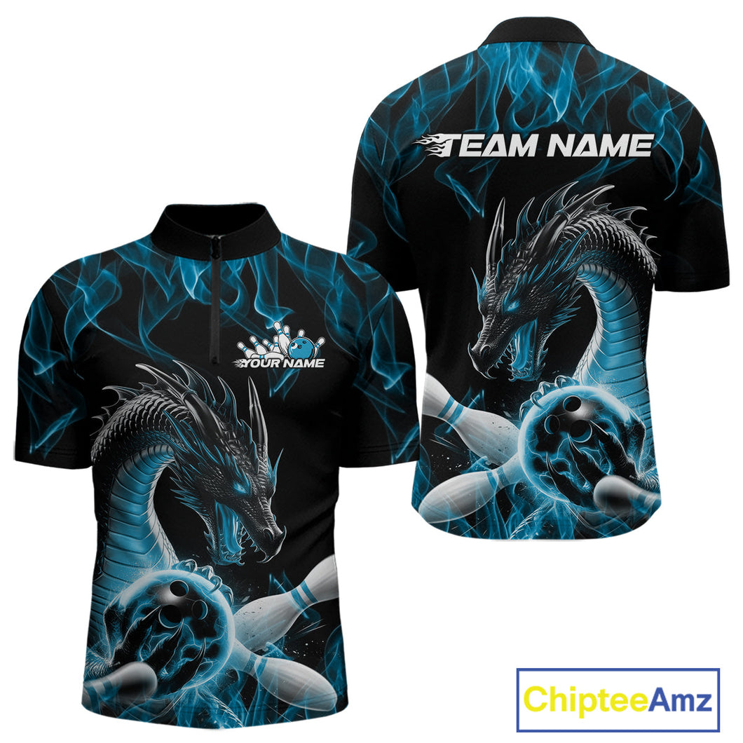 Custom Black And Blue Fire Flame Dragon Bowling Quarter-Zip Shirt For Men, Dragon Bowling Jersey IPHW9822