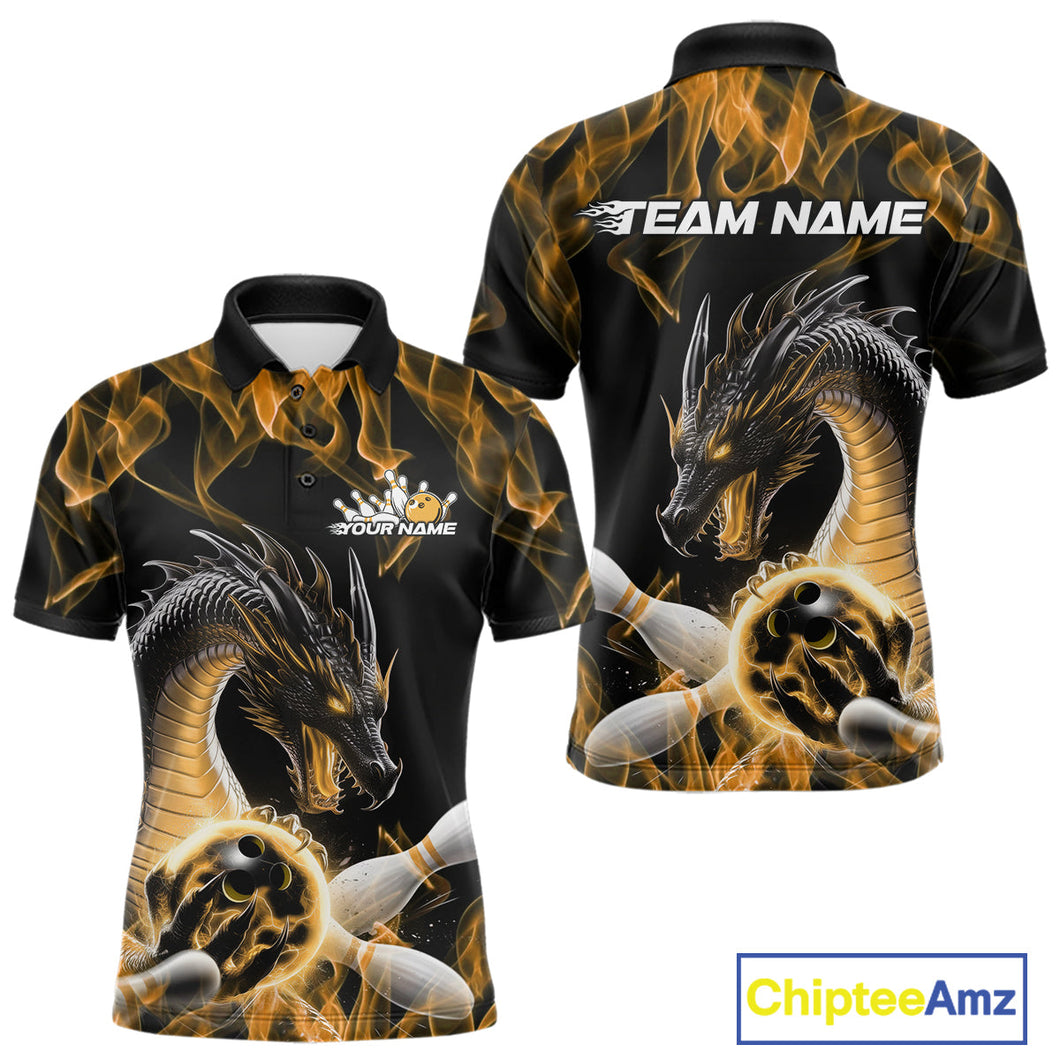 Custom Black And Gold Fire Flame Dragon Bowling Polo Shirt For Men, Dragon Bowling Jersey IPHW9824