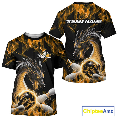 Custom Black And Gold Fire Flame Dragon Bowling T-Shirts For Men, Dragon Bowling Jersey IPHW9824