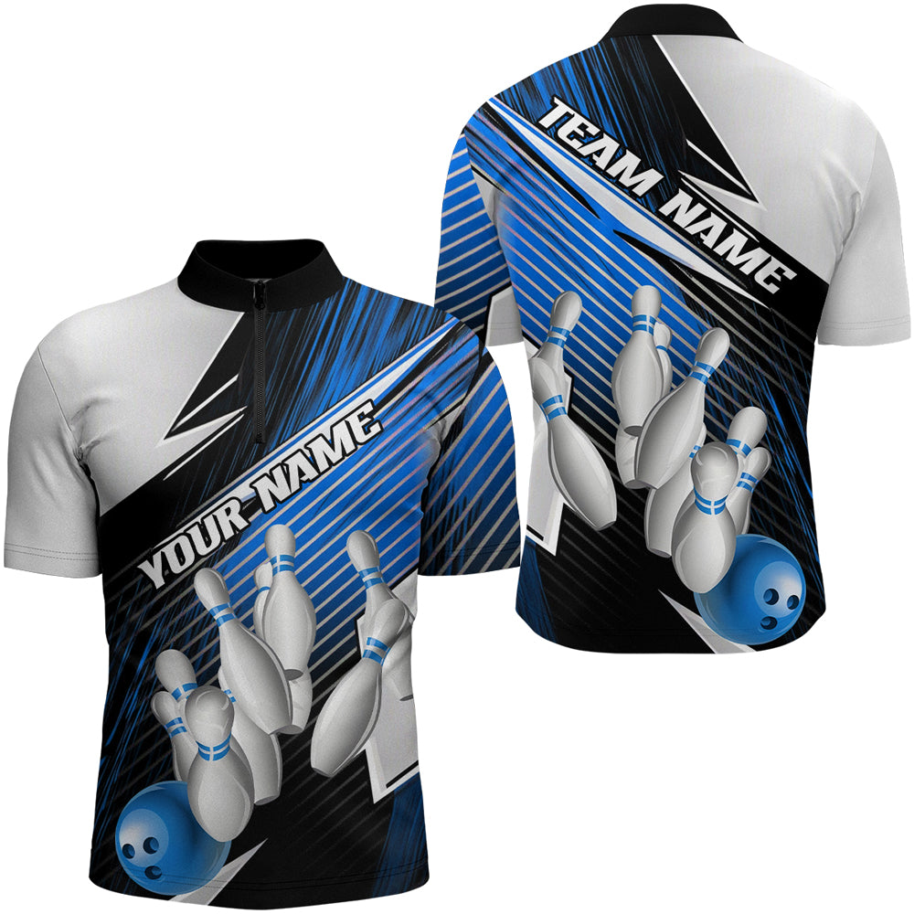 Black And Blue Custom Bowling Team Shirts For Men, Bowling Tournament Bowling League Shirt IPHW7936