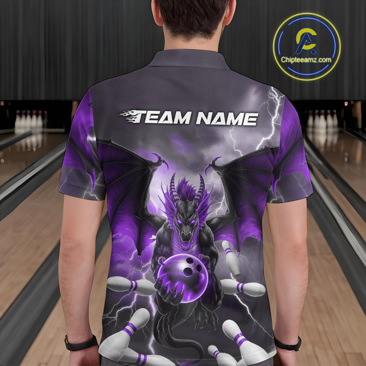 Custom Purple Thunder Lightning Dragon Bowling Polo Shirts For Men, Team Uniform IPHW9104
