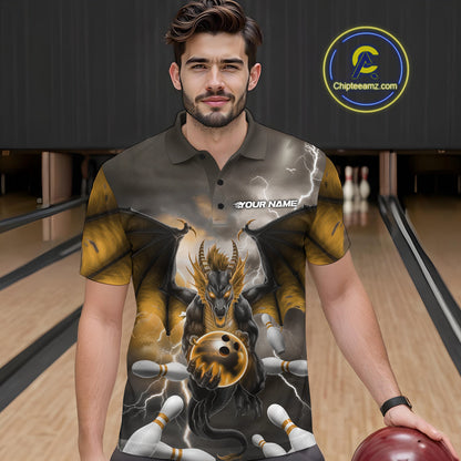 Custom Yellow Thunder Lightning Dragon Bowling Polo Shirts For Men, Team Uniform IPHW9105