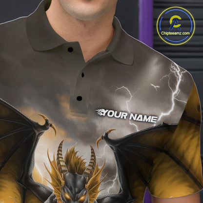 Custom Yellow Thunder Lightning Dragon Bowling Polo Shirts For Men, Team Uniform IPHW9105