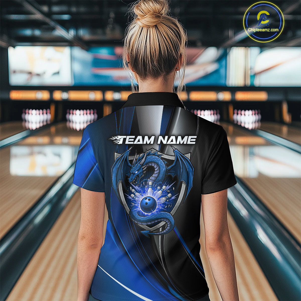 Custom Black And Blue Dragon Bowling Polo Shirts For Women, Dragon Bowling Jersey IPHW9343