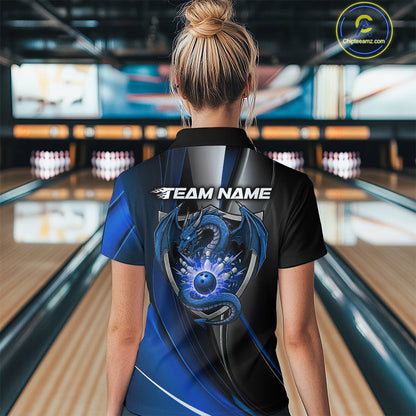 Custom Black And Blue Dragon Bowling Polo Shirts For Women, Dragon Bowling Jersey IPHW9343