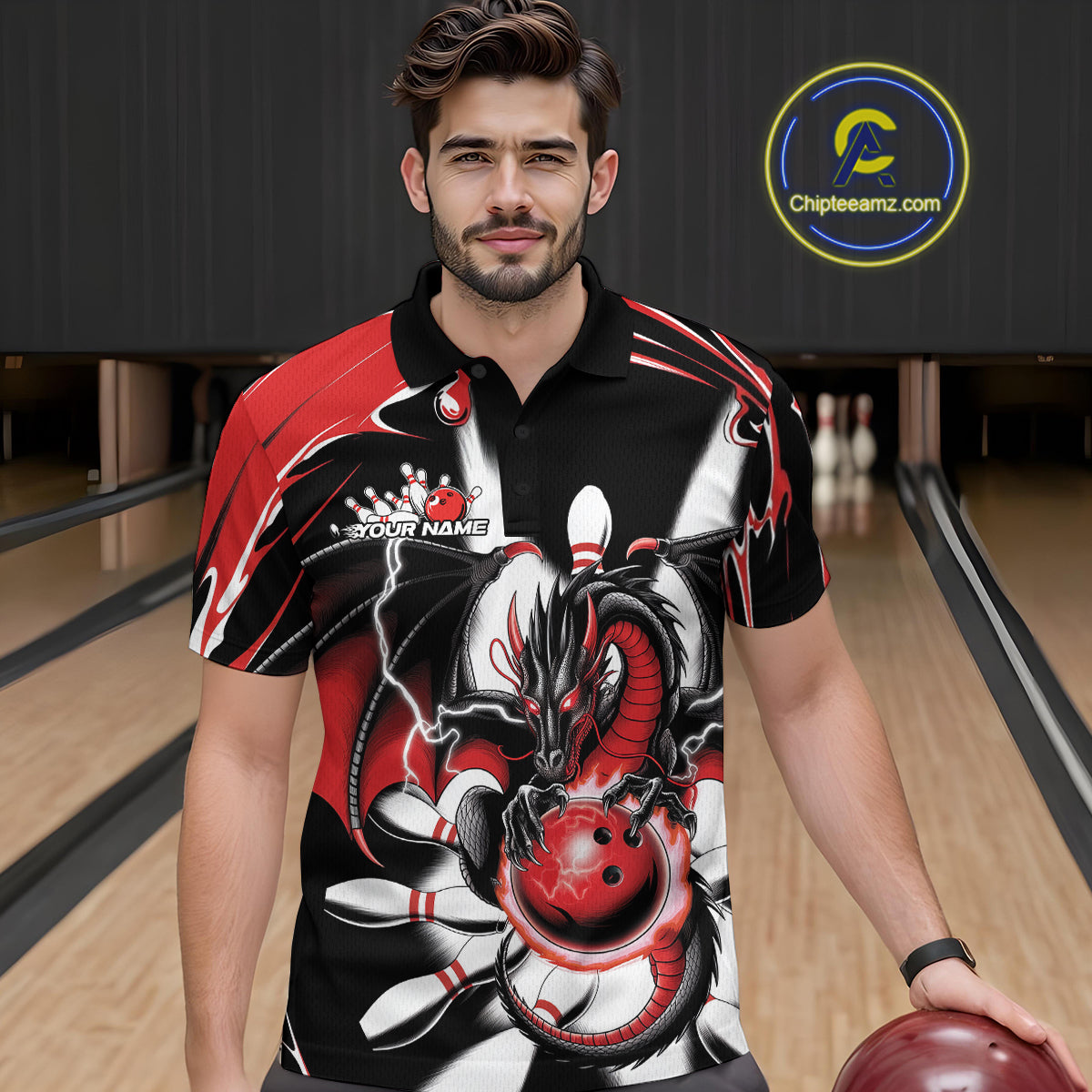 Custom Black And Red Dragon Bowling Men Polo Shirts, Dragon Bowling Team Jerseys IPHW9108