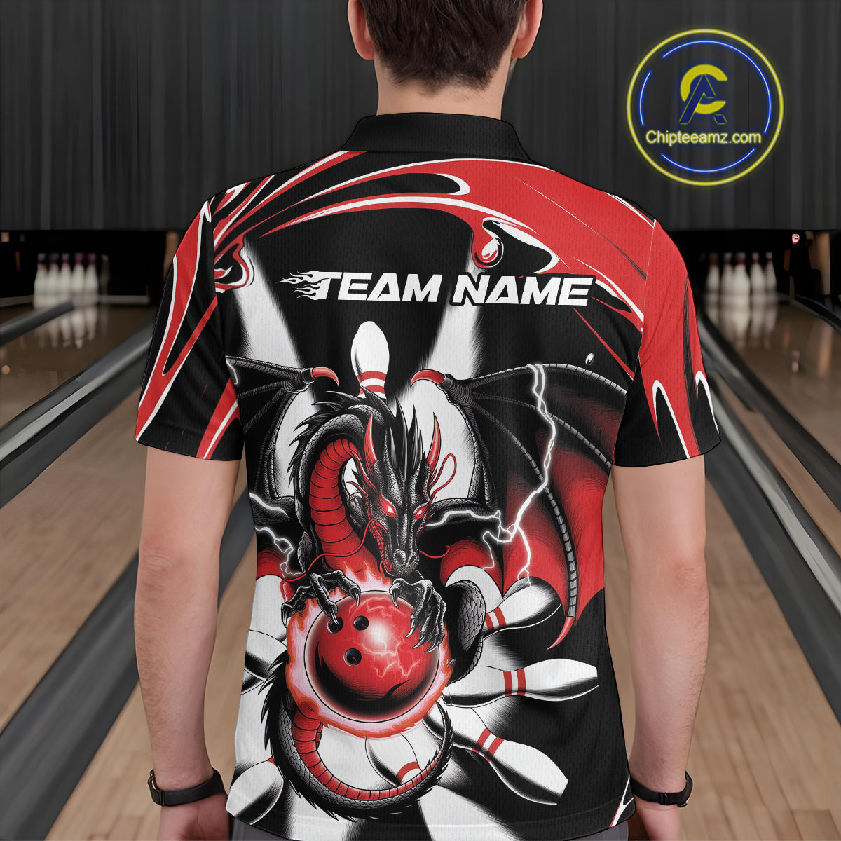 Custom Black And Red Dragon Bowling Men Polo Shirts, Dragon Bowling Team Jerseys IPHW9108