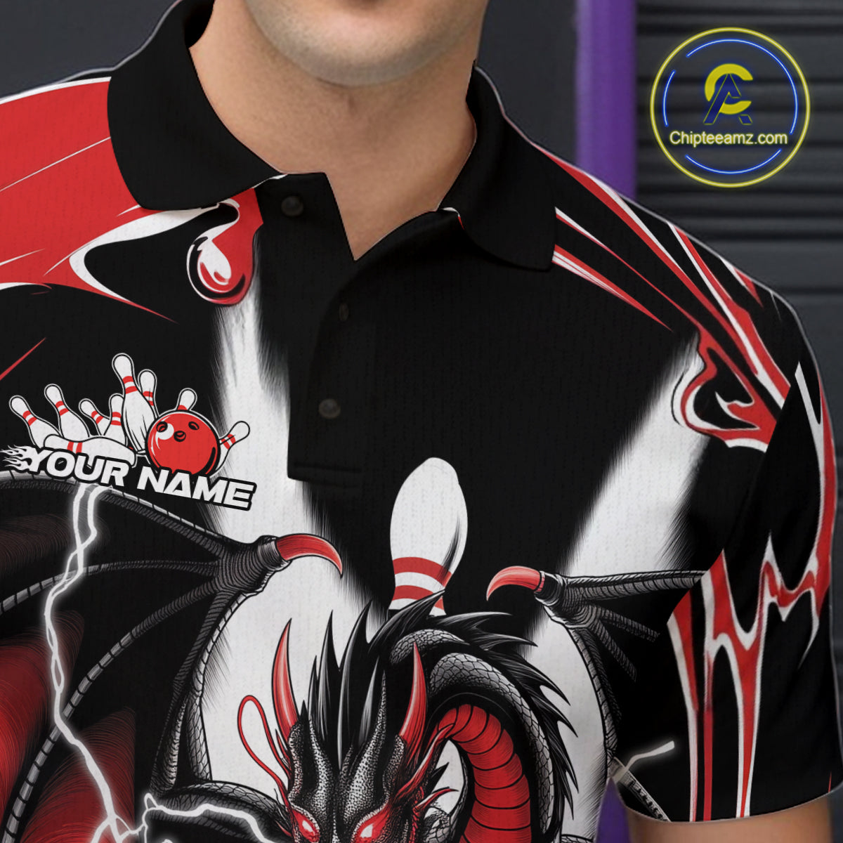 Custom Black And Red Dragon Bowling Men Polo Shirts, Dragon Bowling Team Jerseys IPHW9108