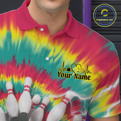 Custom Colorful Tie Dye Bowling Polo Shirts For Men, Rainbow Bowling Outfit IPHW9116