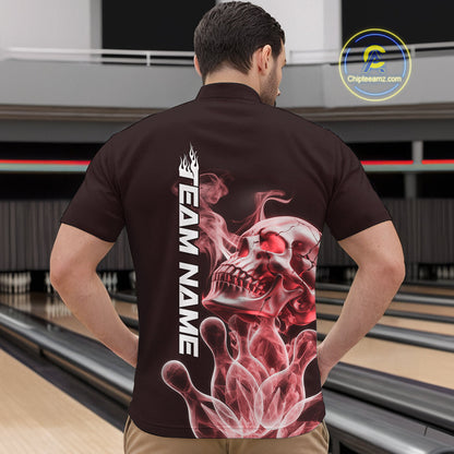 Custom Red Flame Smoke Skull Bowling Quarter-Zip Shirts For Men, Halloween Bowling Outfit IPHW9495