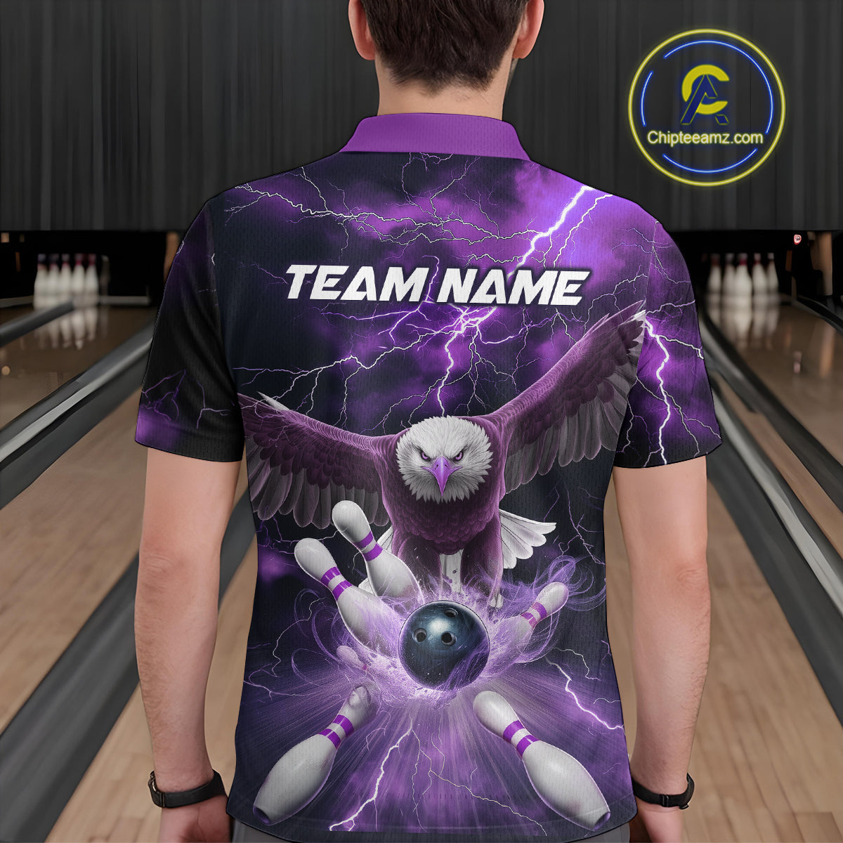 Custom Purple Thunder Lightning Eagle Bowling Polo Shirts For Men, Eagle Bowling Jerseys IPHW9365