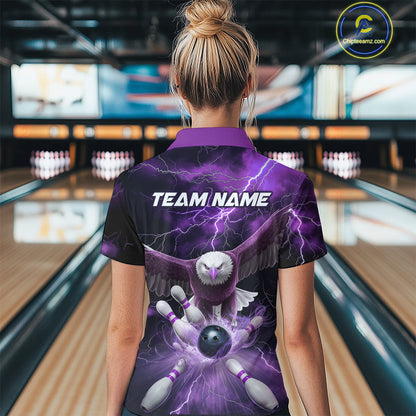 Custom Purple Thunder Lightning Eagle Bowling Polo Shirt For Women, Eagle Bowling Jerseys IPHW9365