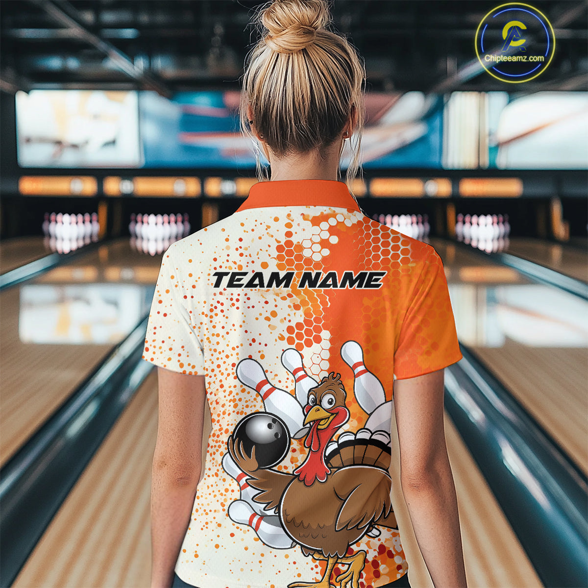 Custom Funny Orange Thanksgiving Turkey Bowling Team Women Polo Shirts, Bowling Jerseys IPHW9767