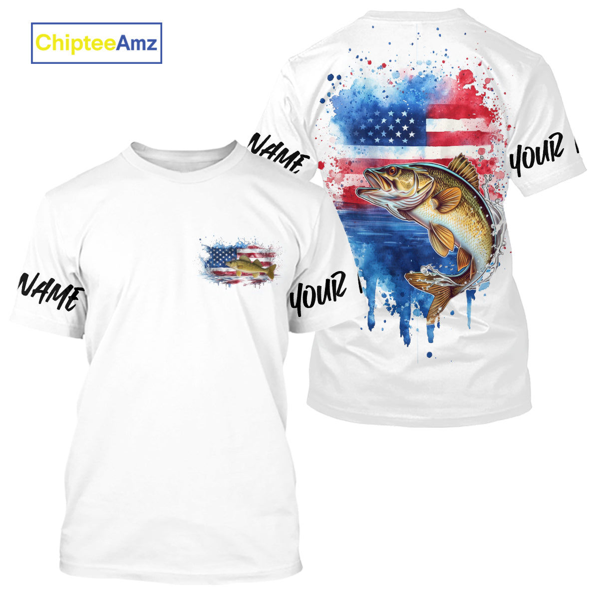 Custom Watercolor American Flag Patriotic Walleye Tournament Fishing T-Shirt IPHW9196