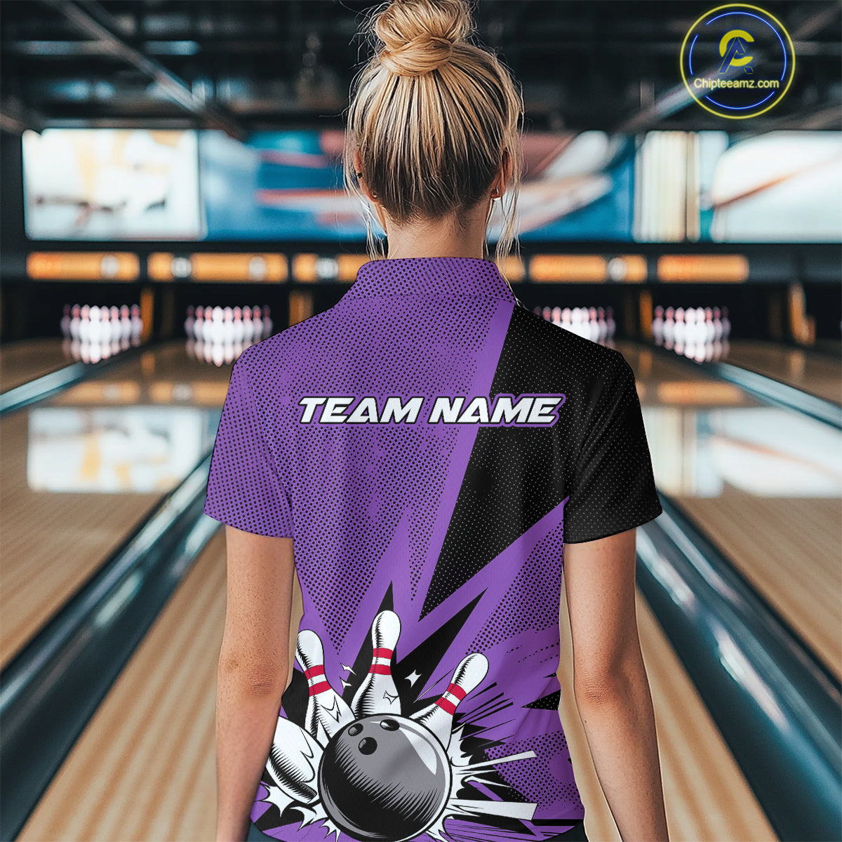 Custom Purple Bowling Jerseys, Bowling Team Women Polo Shirts Bowling League Shirt IPHW9391