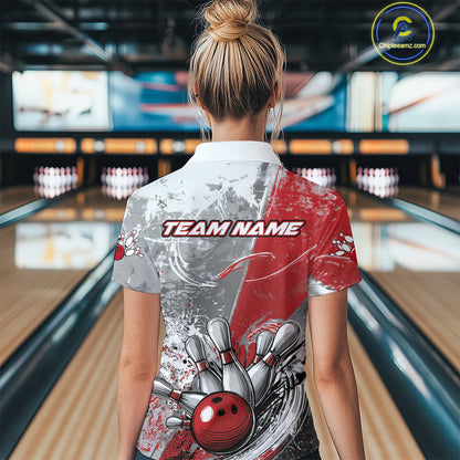 Custom Grunge Red Bowling Women Quarter-Zip Shirt, Distressed Vintage Bowling Team Shirts IPHW9550
