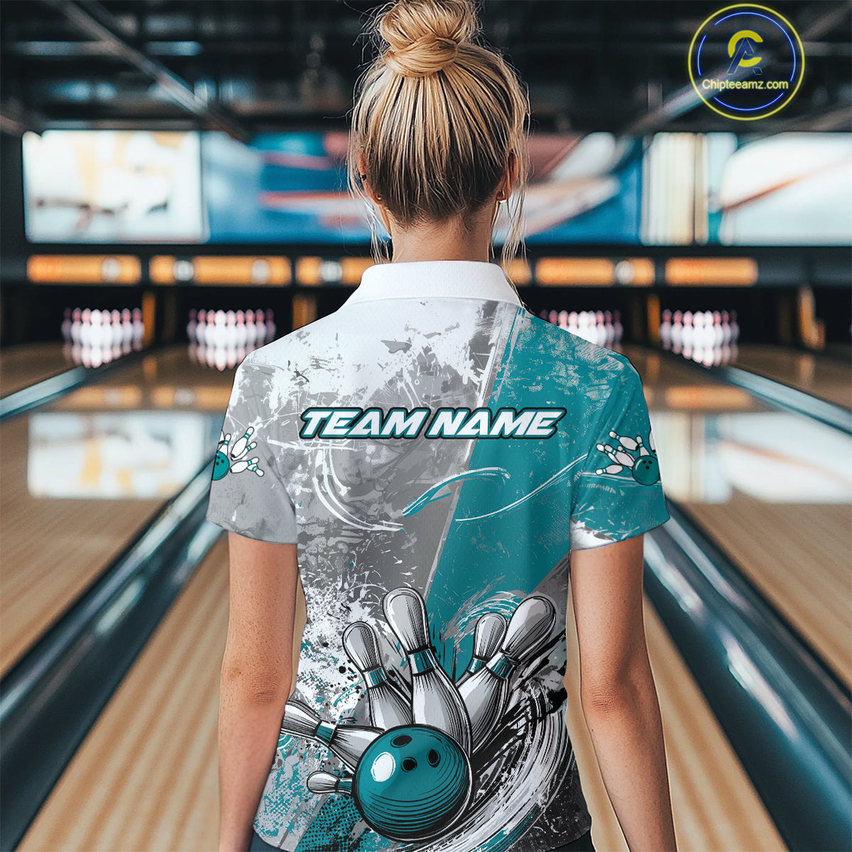 Custom Grunge Blue Bowling Polo Shirts For Women, Distressed Vintage Bowling Team Shirts IPHW9551