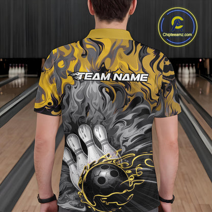 Custom Yellow Fame Bowling Team Polo Shirts For Men, Fire Bowling Jerseys IPHW9562