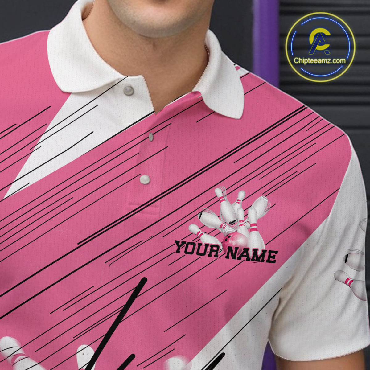 Custom White And Pink Bowling Team Men Polo Shirts, Bowling Ball And Pins Jerseys IPHW9599