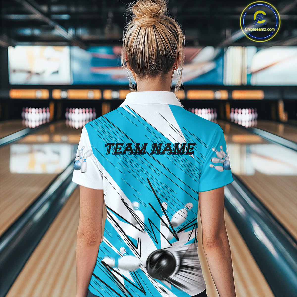 Custom White And Blue Bowling Team Women Polo Shirts, Bowling Ball And Pins Jerseys IPHW9600