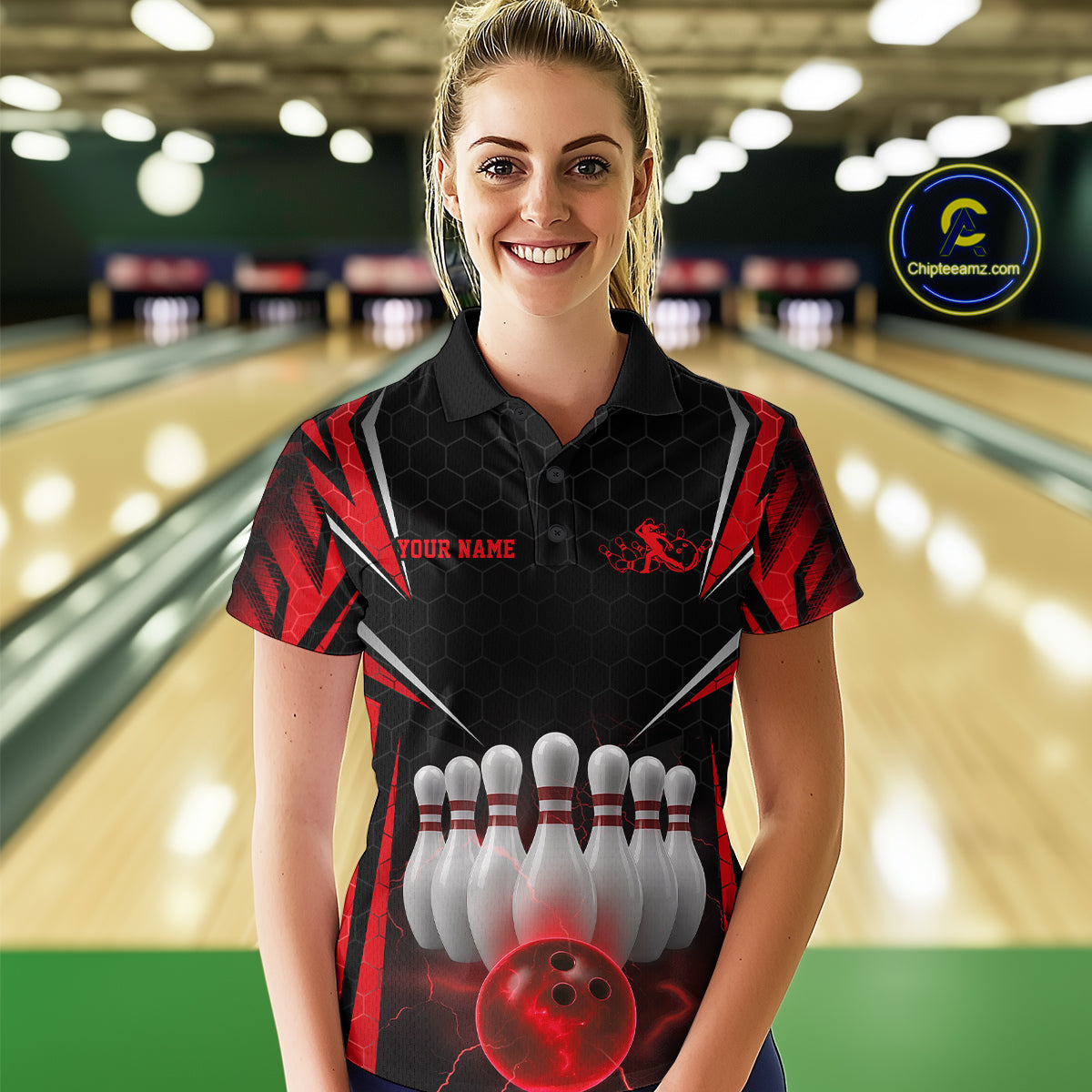 Custom Black And Red Bowling Team Jerseys, Bowler Uniform Bowling Polo Shirts For Women IPHW9283
