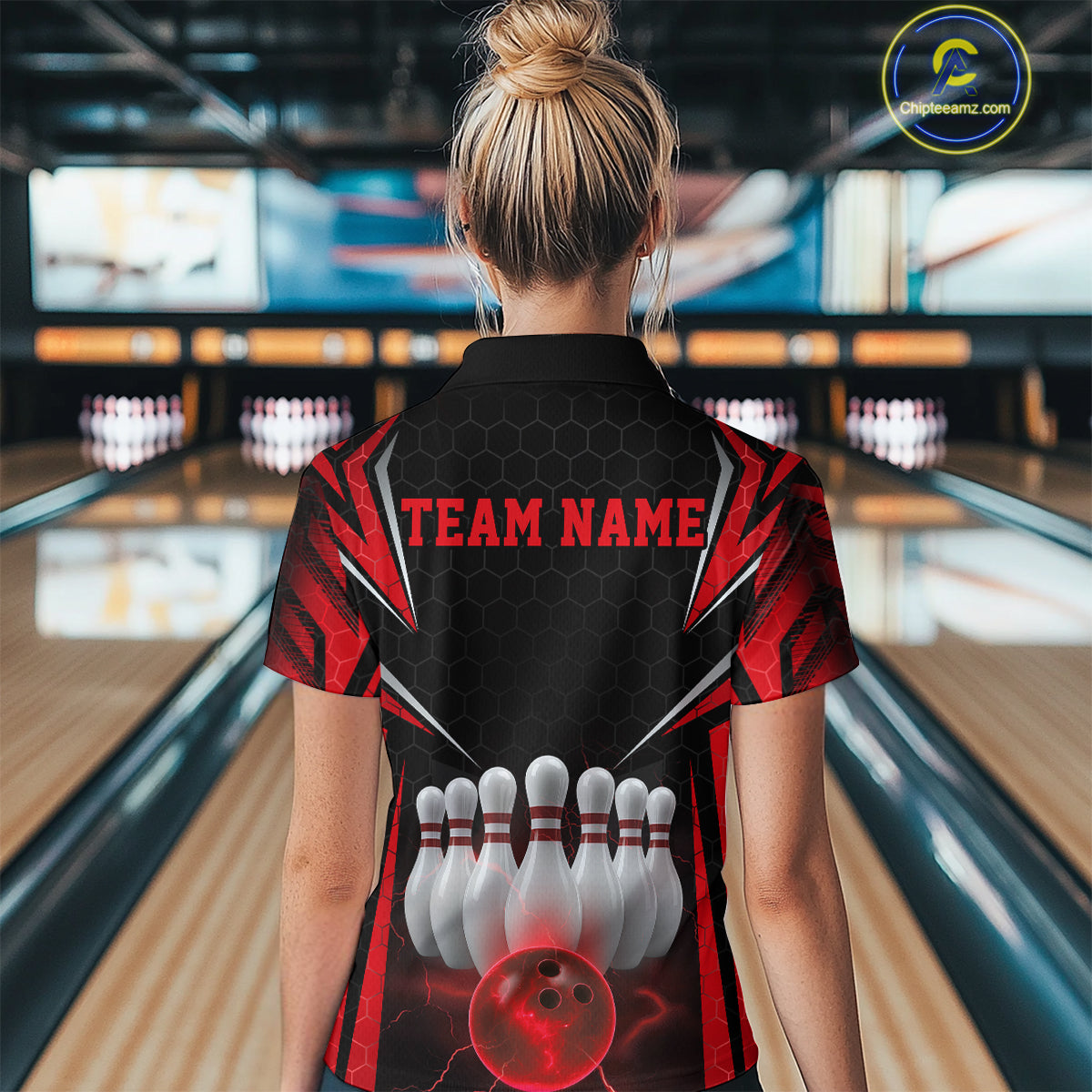 Custom Black And Red Bowling Team Jerseys, Bowler Uniform Bowling Polo Shirts For Women IPHW9283