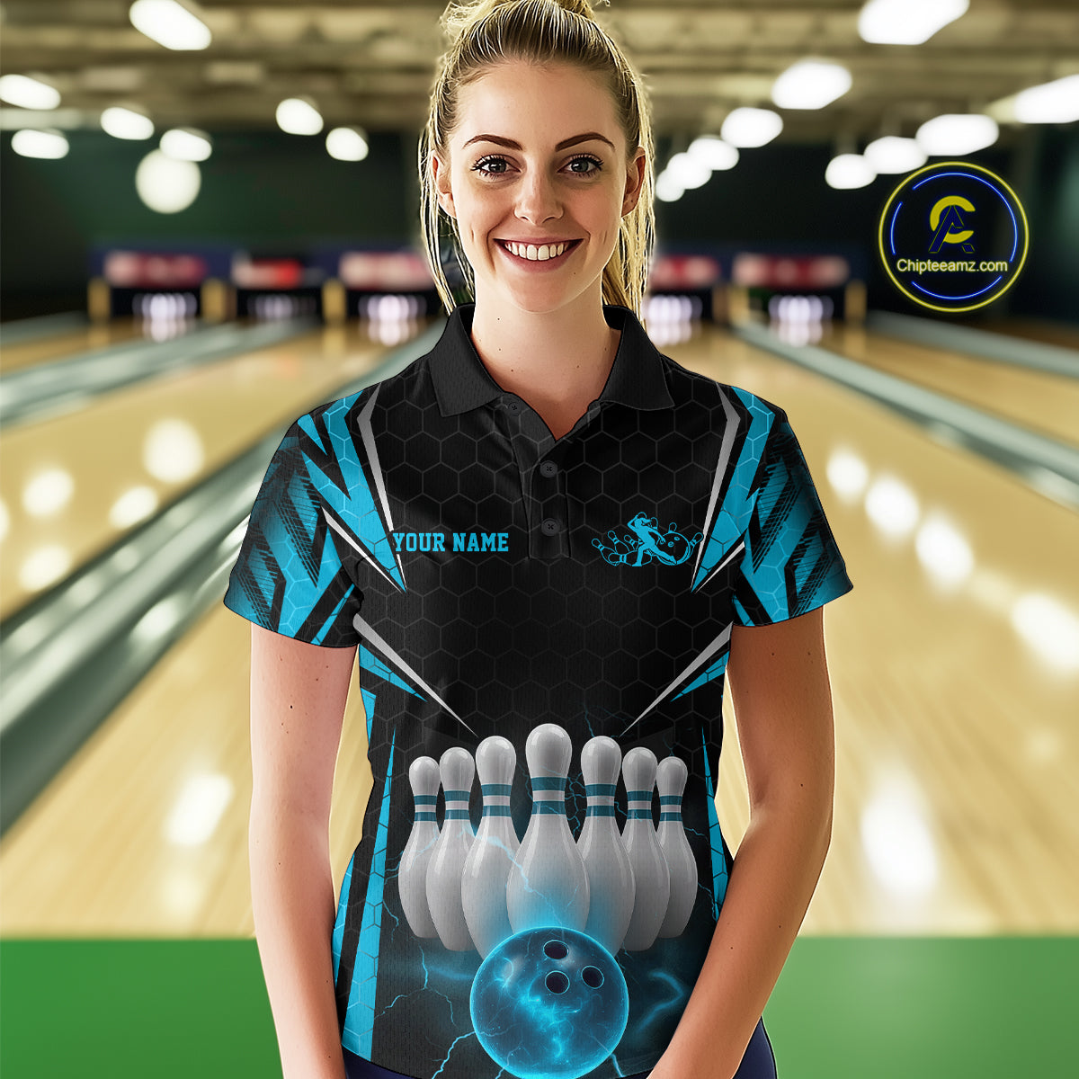 Custom Black And Blue Bowling Team Jerseys, Bowler Uniform Bowling Polo Shirts For Women IPHW9284