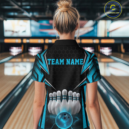 Custom Black And Blue Bowling Team Jerseys, Bowler Uniform Bowling Polo Shirts For Women IPHW9284