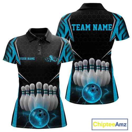 Custom Black And Blue Bowling Team Jerseys, Bowler Uniform Bowling Polo Shirts For Women IPHW9284