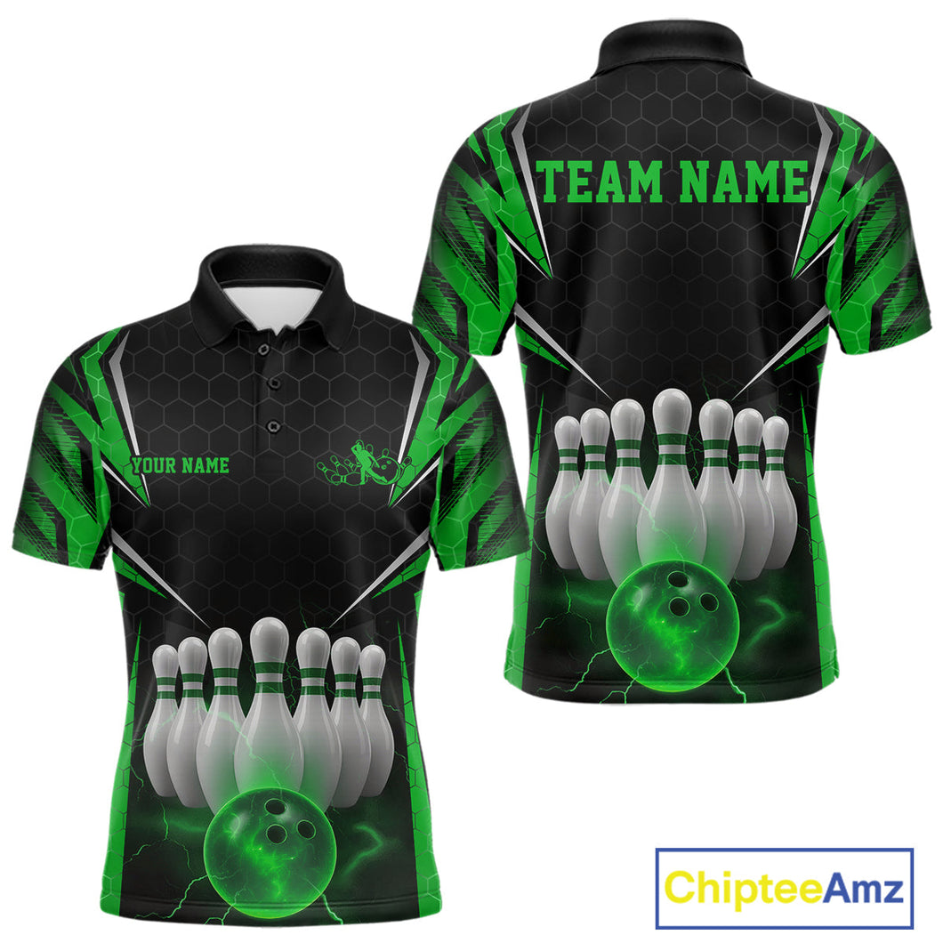 Custom Black And Green Bowling Team Jerseys, Bowler Uniform Bowling Polo Shirts For Men IPHW9285