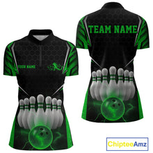Load image into Gallery viewer, Custom Black And Green Bowling Jersey, Bowler Uniform Bowling Women Quarter-Zip Shirt IPHW9285
