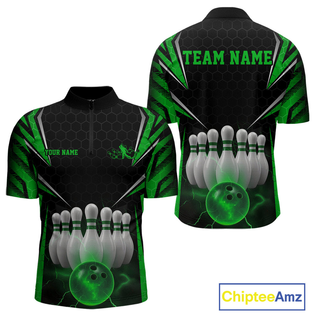 Custom Black And Green Bowling Team Jerseys, Bowler Uniform Bowling Quarter-Zip Shirts For Men IPHW9285
