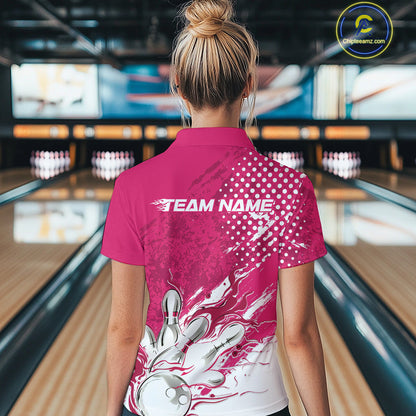 Custom White And Pink Bowling Women Quarter Zip Shirt, Flame Bowling Jerseys Team Shirt IPHW9619