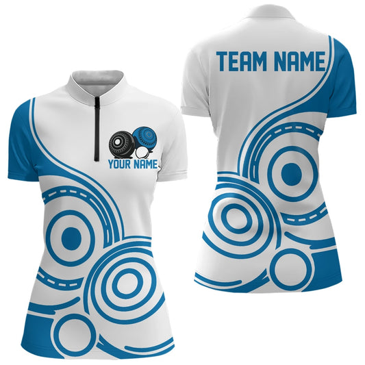 Custom White And Blue Lawn Bowling Quarter-Zip Shirts For Women, Lawn Bowling Team Outfit IPHW9049