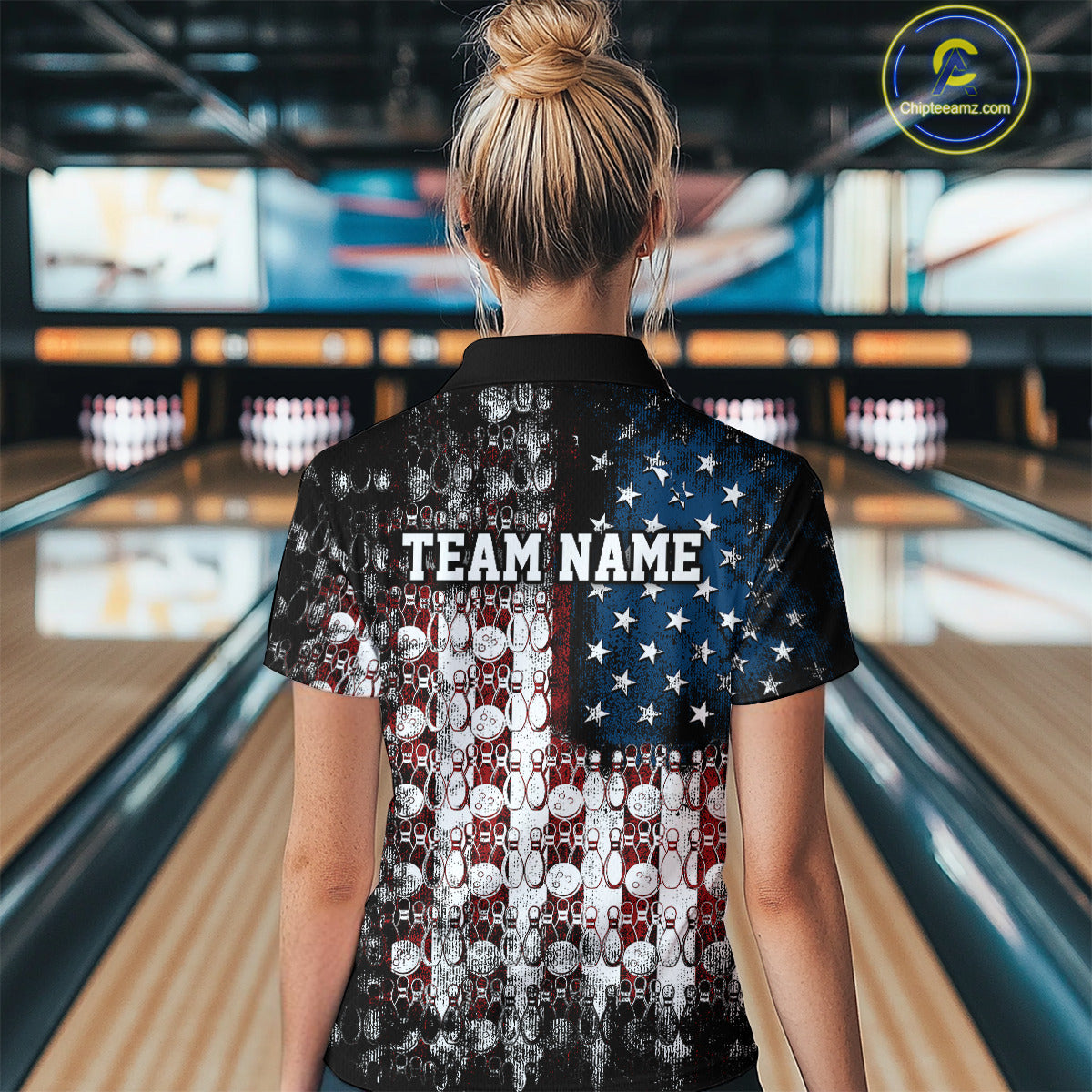 Custom Patriotic US Flag Bowling Women Polo Team Shirts, American Bowling League Shirt IPHW9325