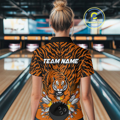 Custom Black And Orange Tiger Print Bowling Polo Team Shirts For Women, Bowling Jerseys IPHW9091