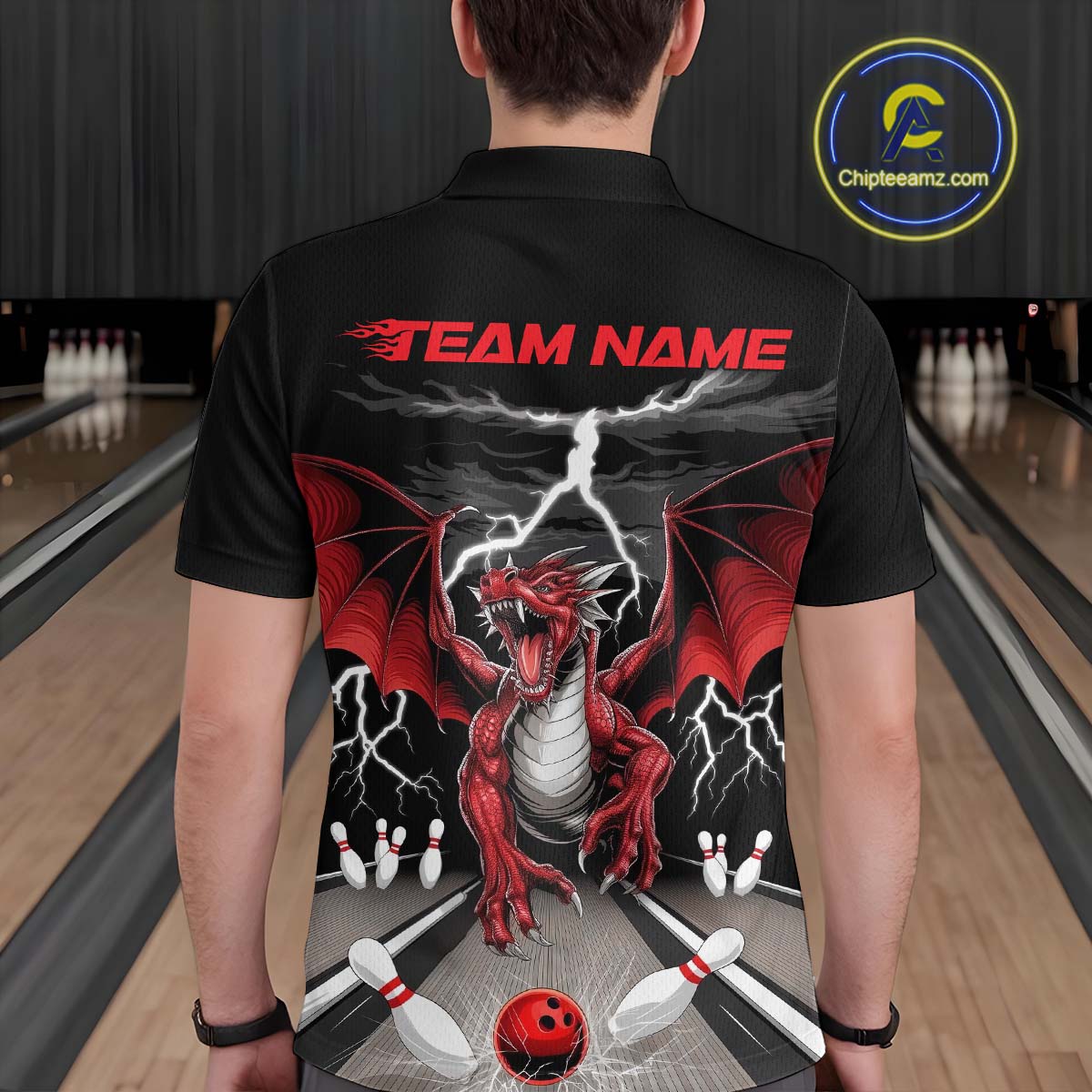 Custom Red Dragon On The Lane Bowling Polo Shirts For Men, Dragon Bowling Team Shirt IPHW9101
