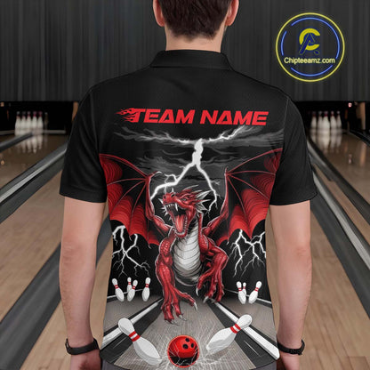 Custom Red Dragon On The Lane Bowling Polo Shirts For Men, Dragon Bowling Team Shirt IPHW9101