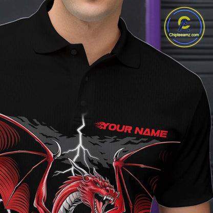 Custom Red Dragon On The Lane Bowling Polo Shirts For Men, Dragon Bowling Team Shirt IPHW9101